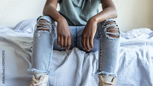 sitting on a bed, looking despondent [Domestic Violence]:[The Psychological Impact] 