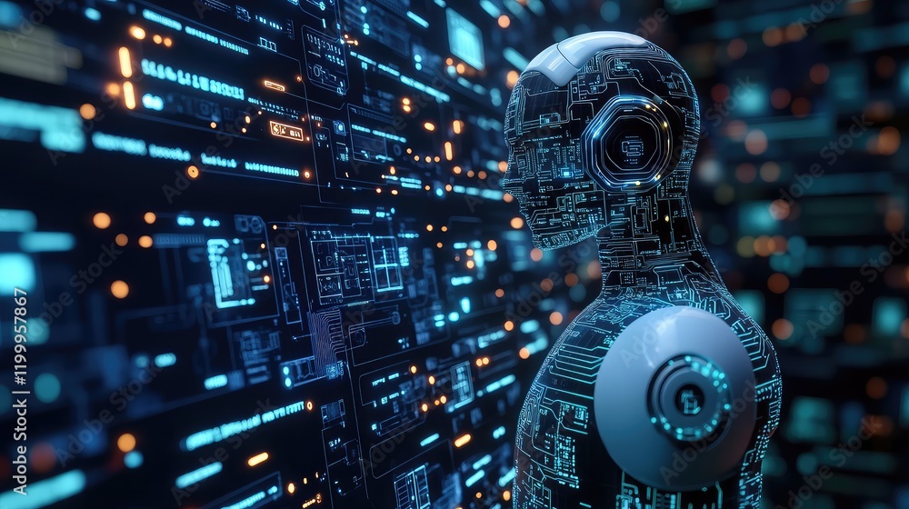 A futuristic robot surrounded by digital data streams. A futuristic robot surrounded by digital data streams.