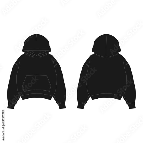 Black Oversized Hoodie Vector Mockup – Front and Back View, Kangaroo Pocket, Drop Shoulder