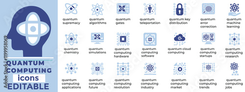 Explore Quantum Computing vector icons showcasing qubits, algorithms, superposition, entanglement, and futuristic computing tech