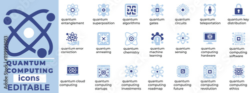 Explore Quantum Computing vector icons showcasing qubits, algorithms, superposition, entanglement, and futuristic computing tech