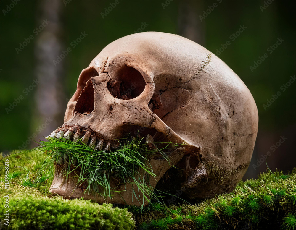 A weathered human skull rests on moss-covered ground in a forest setting with green foliage in the background. A weathered human skull rests on moss-covered ground in a forest setting with green foliage in the background.