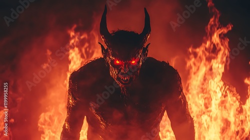 A terrifying devil with glowing red eyes and a menacing stance surrounded by the burning depths of hell with molten lava