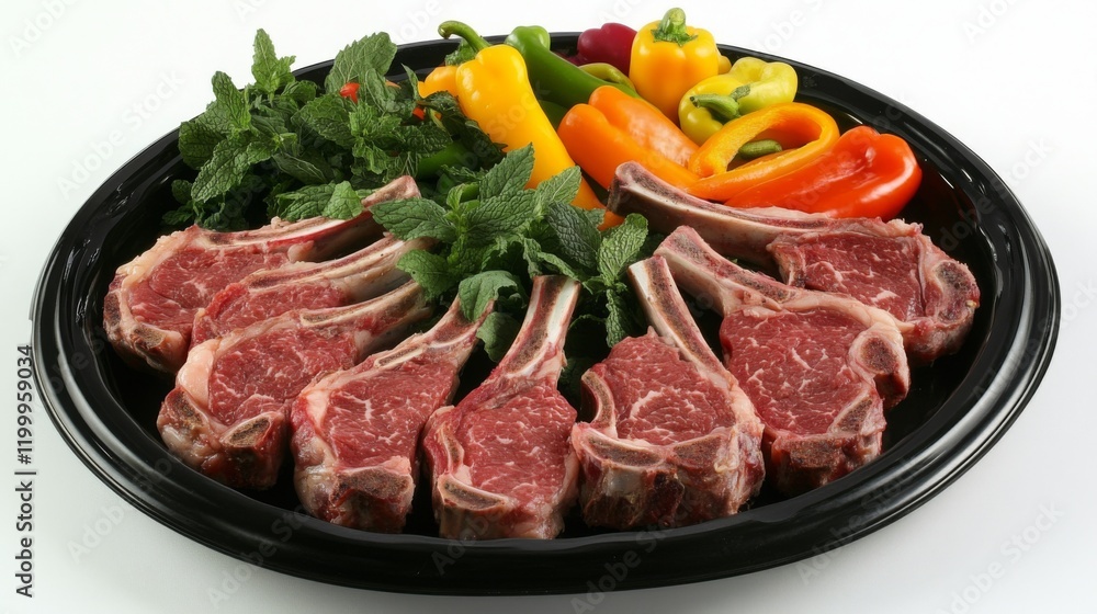 A selection of fresh lamb chops displayed on a dark plate, garnished with fresh mint and a side of colorful peppers for an appetizing presentation. A selection of fresh lamb chops displayed on a dark plate, garnished with fresh mint and a side of colorful peppers for an appetizing presentation.