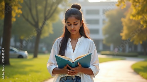 Indian female college student holding book at college campus.  A young South Asian girl  holding a blue book and smiling. She stands in a park. photo