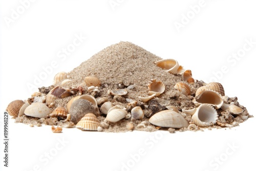 Sandy beach backdrop with seashells on a white transparent png for summer designs and coastal themes photo