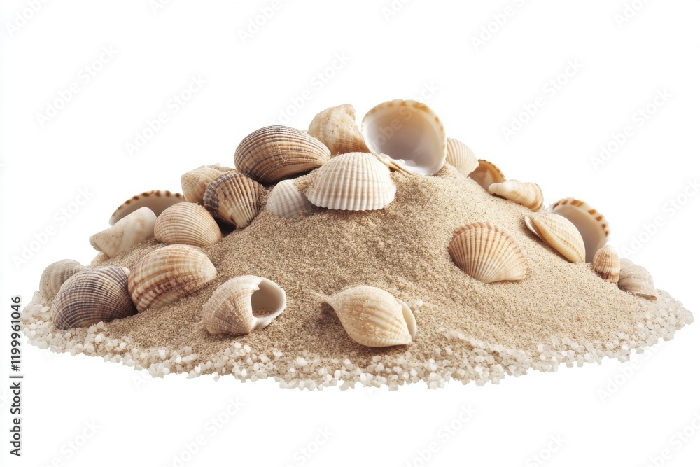 Tropical coastal decor with seashells and soft sand, isolated on clean background for beach lovers and vacation planners Tropical coastal decor with seashells and soft sand, isolated on clean background for beach lovers and vacation planners