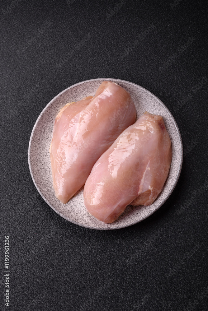 Fototapeta premium Fresh chicken fillet on a dark concrete table with spices and herbs