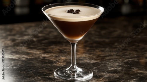 A close-up shot of a perfectly made espresso martini cocktail, with a glossy, dark liquid topped with a velvety foam and a delicate coffee bean garnis photo