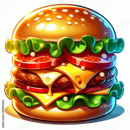 Colorful burger with cheese, lettuce, and tomato toppings on a white background with copy space.