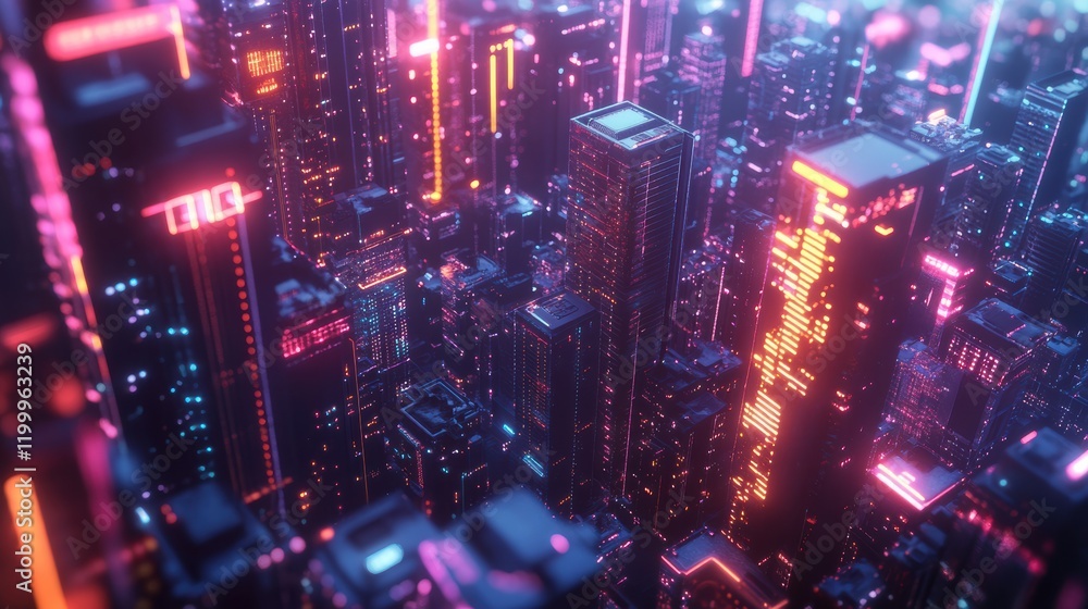 Smart city g connectivity diagram with neon lights and skyscrapers Smart city g connectivity diagram with neon lights and skyscrapers
