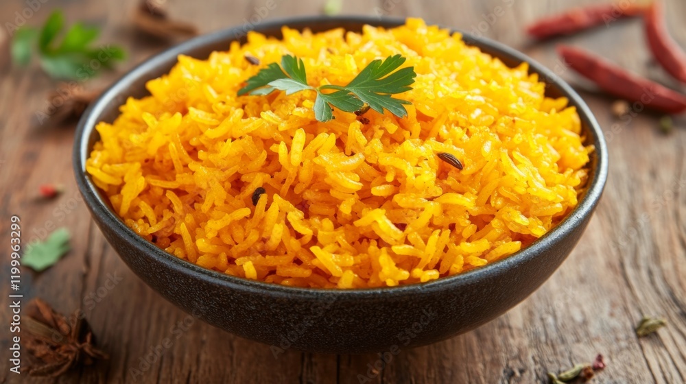 A top-down view of a bowl of hot, steaming rice with condensation on the sides, placed on a textured wooden table with scattered herbs and spices. A top-down view of a bowl of hot, steaming rice with condensation on the sides, placed on a textured wooden table with scattered herbs and spices.