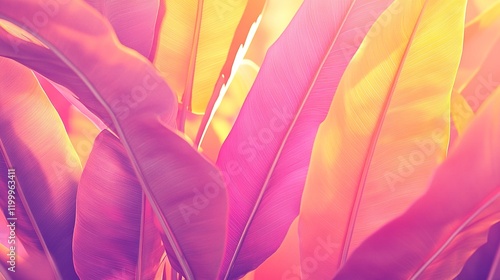 Close-up of vibrant pink and yellow leaves with sunlight filtering through, creating a warm and colorful atmosphere. Summer colors botanical tropical leaves photo