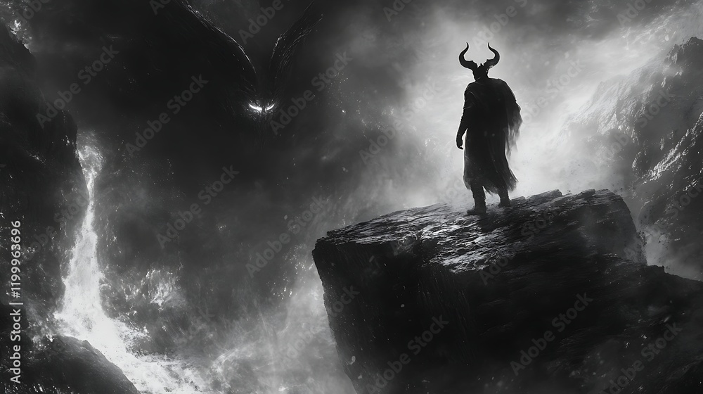 Obraz premium A dark and twisted devil figure with sharp horns standing on a rocky platform in the middle of a blazing hellscape