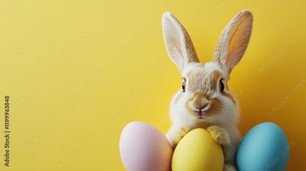Fototapeta premium Cute bunny holding colorful eggs in bright yellow background for an easter celebration - playful close-up photography