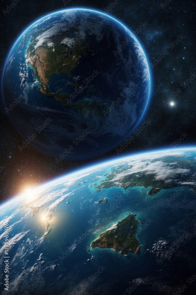 Fototapeta premium Stunning image of two planets in space, with one displaying sunrise. Majestic and cosmic, ideal for science, space, and universe themes