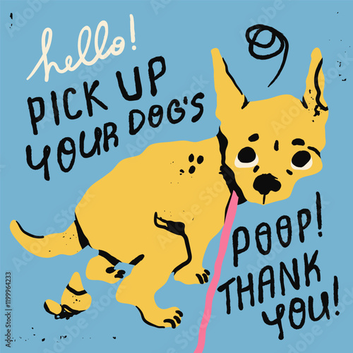 Cute little chihuahua dog pooping while looking at the camera. Hand drawn Vector illustration. Clean after your dog, no pooping sign. Littering not allowed, cleaning up, picking up waste concept