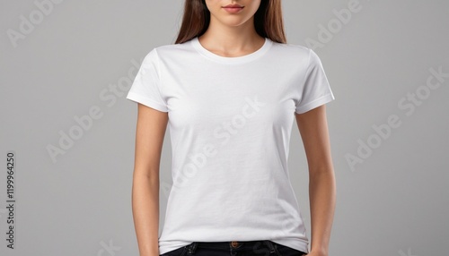 Blank white female t-shirt mockup template.Minimalistic gray background.	
