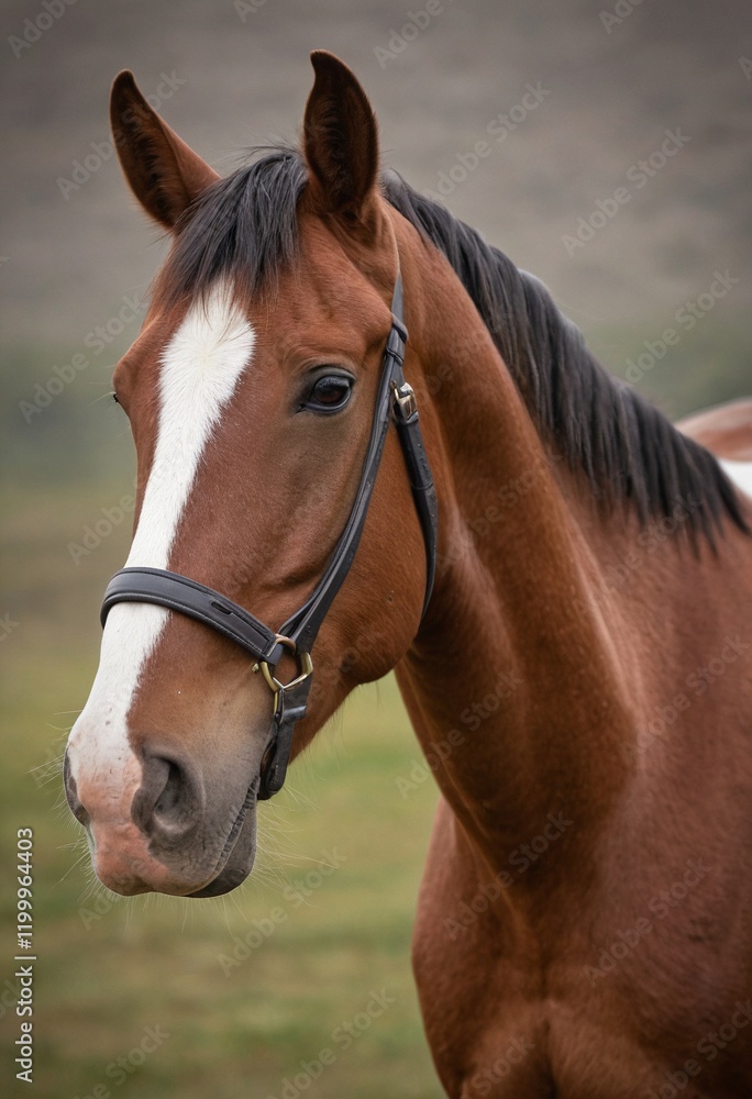 Obraz premium Vertical image of a brown horse wearing a leather bridle, standing in an outdoor field.