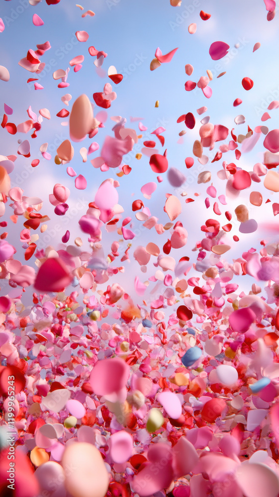 Soft flower petals floating against pastel skies, gentle and dreamy Soft flower petals floating against pastel skies, gentle and dreamy