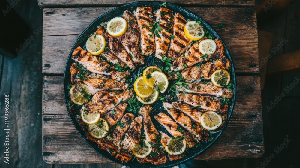 A top-down view of a serving platter filled with grilled salmon slices, garnished with lemon slices and fresh herbs, showcasing a delightful seafood feast. A top-down view of a serving platter filled with grilled salmon slices, garnished with lemon slices and fresh herbs, showcasing a delightful seafood feast.