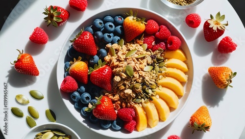 A healthy vegan breakfast featuring fresh summer fruits, granola, and seeds on a white background table, promoting detox and nutrition for health care.

 photo