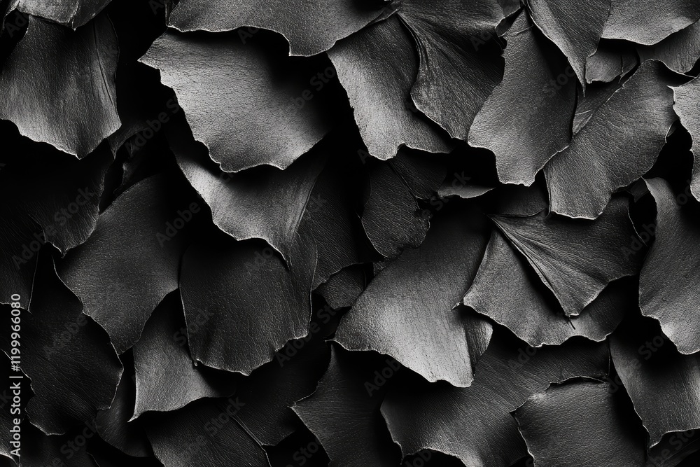 Detailed texture of dry black leaves arranged in a layered pattern emphasizing depth and contrast Detailed texture of dry black leaves arranged in a layered pattern emphasizing depth and contrast