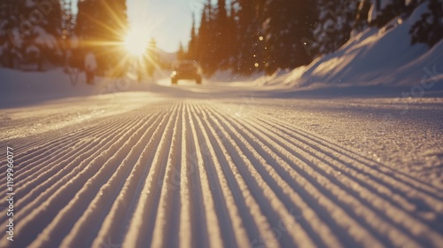 Sunlit winter ski slope with groomed snow and ski tracks