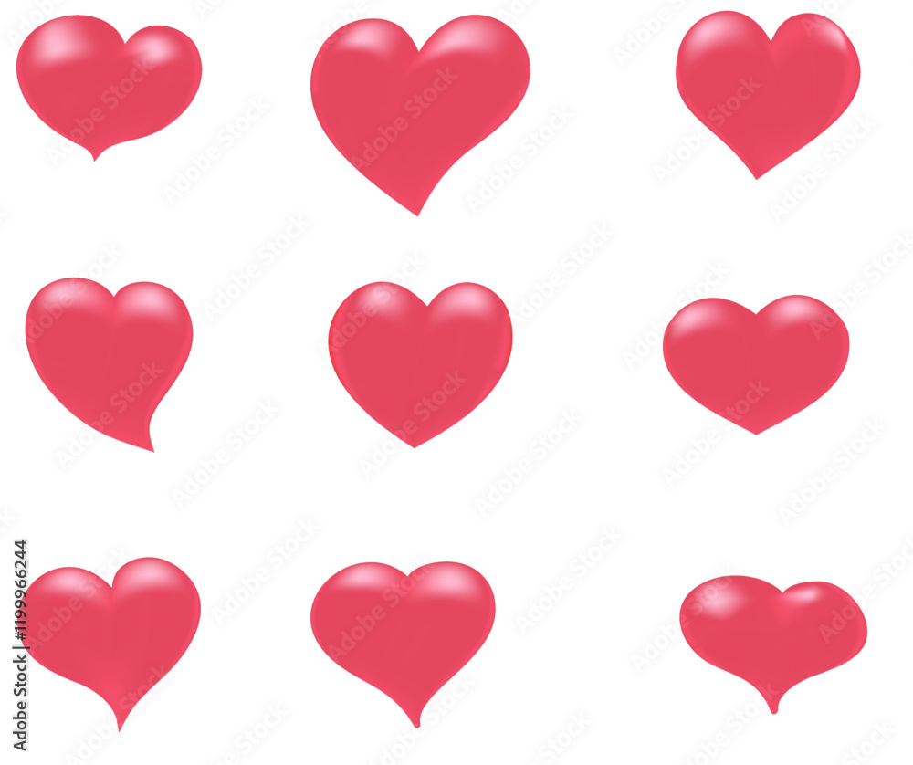 Set of 3D hearts. The hearts have a soft glitter that gives them the look of balloons. The hearts are perfect for Valentine's Day, love-themed designs, wedding invitations or gift wrapping.
Set of 3D hearts. The hearts have a soft glitter that gives them the look of balloons. The hearts are perfect for Valentine's Day, love-themed designs, wedding invitations or gift wrapping.