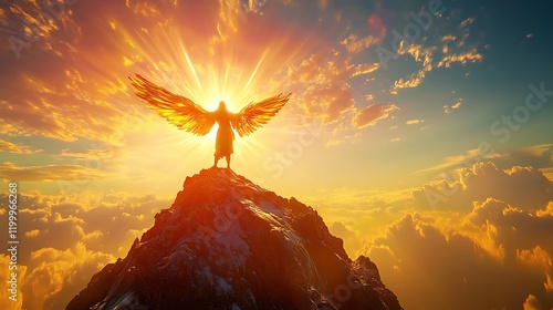 Archangel Gabriel standing on a mountaintop with wings outstretched bathed in golden light and a radiant sky