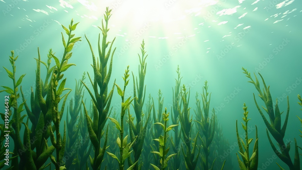 Obraz premium Sunlit rays filter through clear waters, illuminating lush green seaweed clusters against a serene teal backdrop, casting vibrant aquatic shadows