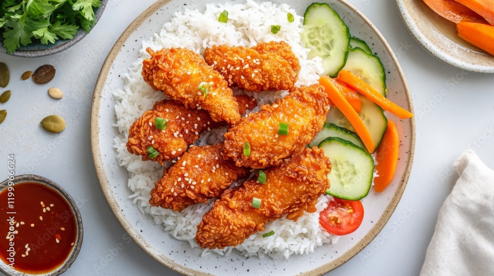 A top-down view of crispy fried chicken pieces on a bed of fluffy white rice, with a drizzle of sauce and fresh vegetables on the side, set on a clean plate A top-down view of crispy fried chicken pieces on a bed of fluffy white rice, with a drizzle of sauce and fresh vegetables on the side, set on a clean plate