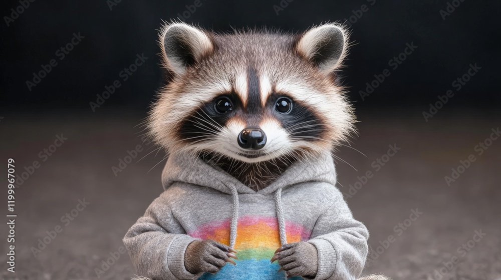 Cute raccoon wearing a grey hoodie with a rainbow design. Cute raccoon wearing a grey hoodie with a rainbow design.