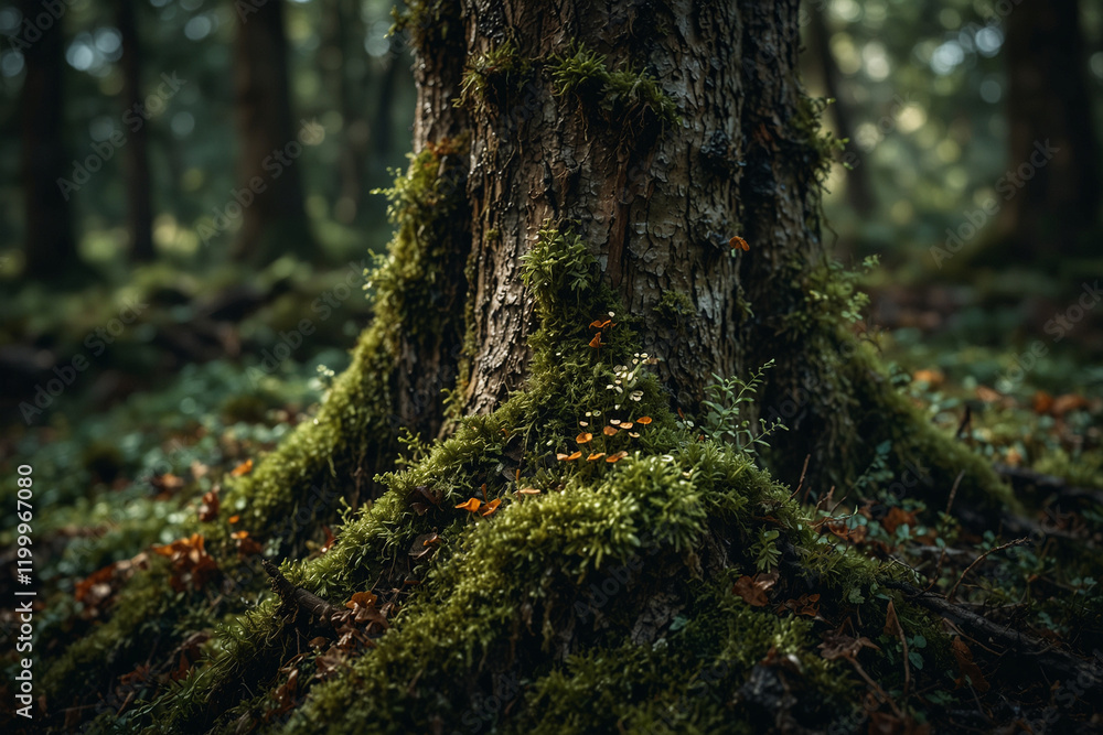 Closeup of moss and small plants on a tree bark. Natural and detailed, ideal for nature, forest, and texture themed content. Moody tones Closeup of moss and small plants on a tree bark. Natural and detailed, ideal for nature, forest, and texture themed content. Moody tones
