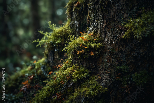 Closeup of moss and small plants on a tree bark. Natural and detailed, ideal for nature, forest, and texture themed content. Moody tones