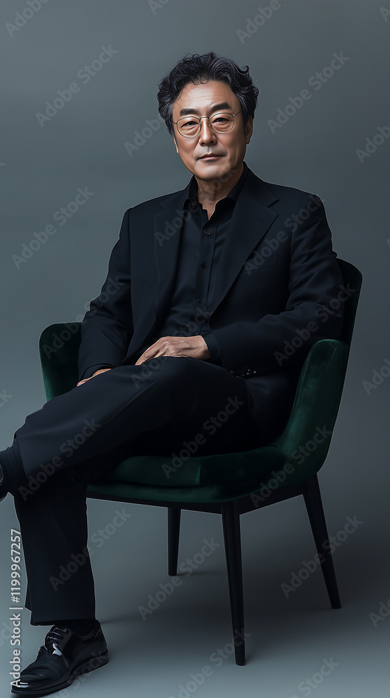 Korean man wearing a black suit and black shirt, paired with sleek glasses Korean man wearing a black suit and black shirt, paired with sleek glasses