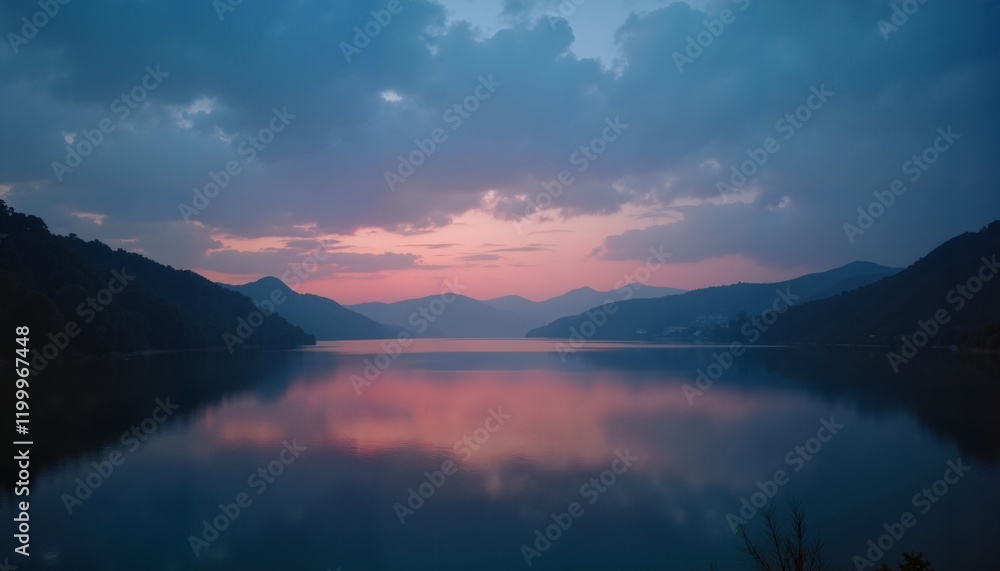 Serene lake at sunset with pink and blue hues, peaceful nature background, relaxation theme Serene lake at sunset with pink and blue hues, peaceful nature background, relaxation theme