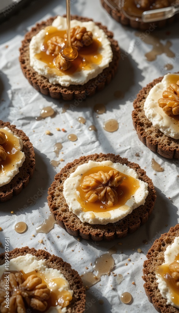 Rustic rye crispbreads with goat cheese, walnuts, and honey, arranged in an imperfect, organic pattern. Harsh side lighting creates long shadows, highlighting the honey droplets and crunchy textures Rustic rye crispbreads with goat cheese, walnuts, and honey, arranged in an imperfect, organic pattern. Harsh side lighting creates long shadows, highlighting the honey droplets and crunchy textures