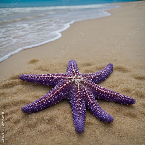 A stunning purple starfish resting on a sandy beach near crystal-clear waters. photo