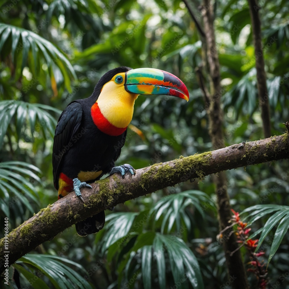 Fototapeta premium A toucan with a colorful beak perched on a tree branch in a dense rainforest.