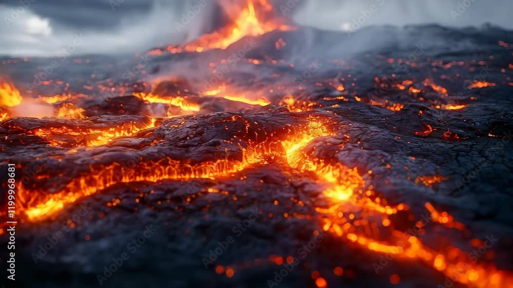 Lava flows from an erupting volcano, showcasing the powerful forces of nature in a dramatic landscape. Lava flows from an erupting volcano, showcasing the powerful forces of nature in a dramatic landscape.