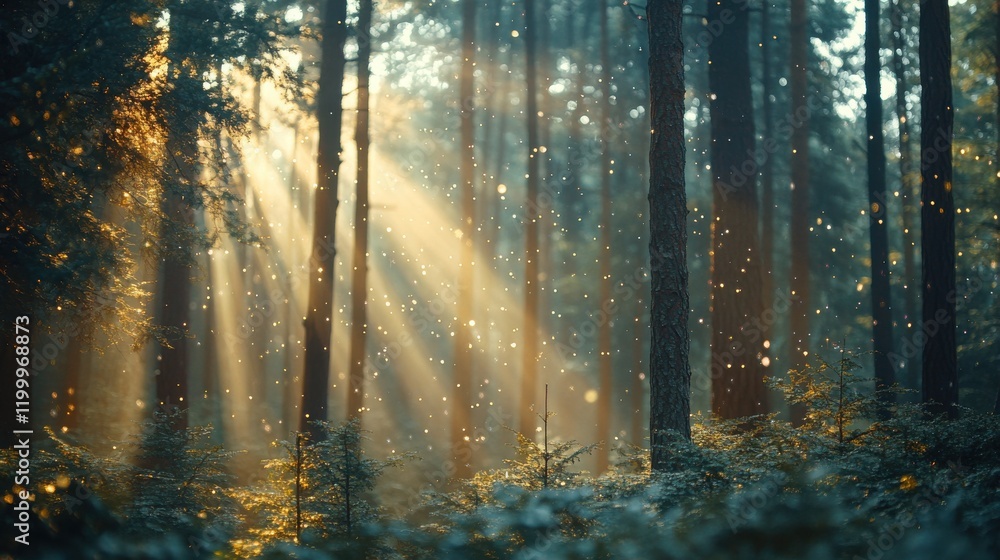 Fototapeta premium Magical forest scene with sunbeam through tree and sparkle