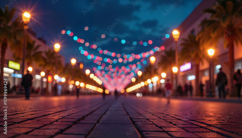 Vibrant street with colorful lights at dusk, festive atmosphere for holiday promotions Vibrant street with colorful lights at dusk, festive atmosphere for holiday promotions