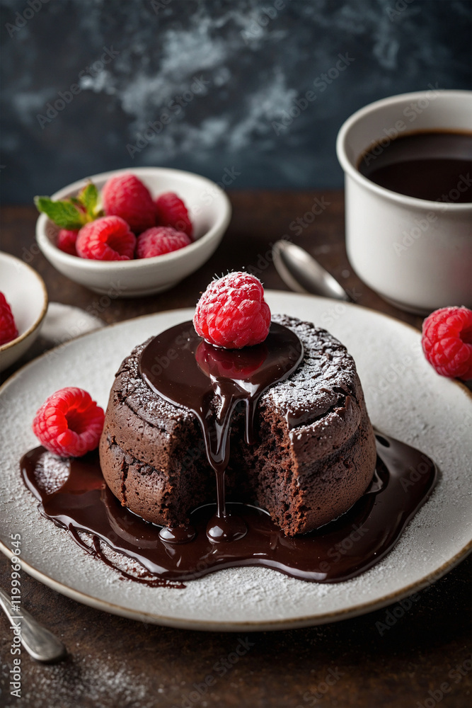 Decadent chocolate lava cake with raspberries and chocolate sauce. Appetizing and delicious, perfect for dessert and food themed content Decadent chocolate lava cake with raspberries and chocolate sauce. Appetizing and delicious, perfect for dessert and food themed content