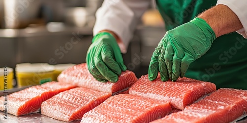 Quality control action worker inspects seals on vacuum-packed fish for food safety industrial kitchen environment photo