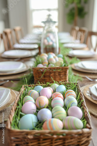 Pastel colored easter eggs decorating dining table for festive celebration