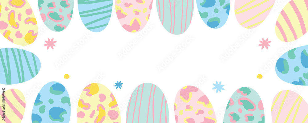 Easter banner featuring eater eggs and flowers frame. Leopard, stripes, doodles. Hand made vector image. Easter banner featuring eater eggs and flowers frame. Leopard, stripes, doodles. Hand made vector image.