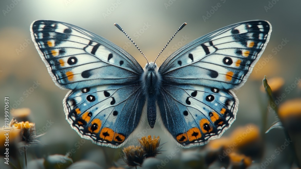Obraz premium A butterfly with orange and blue wings is sitting on a flower