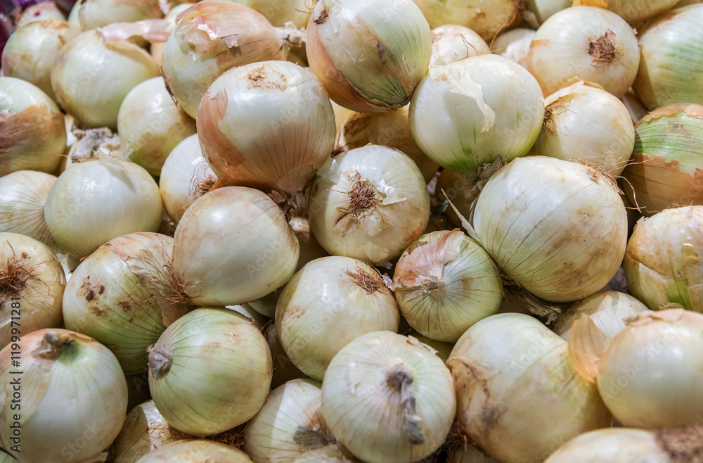Pile of yellow onions in market Pile of yellow onions in market