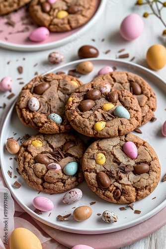 Delicious easter cookies decorated with chocolate eggs and shavings on plate